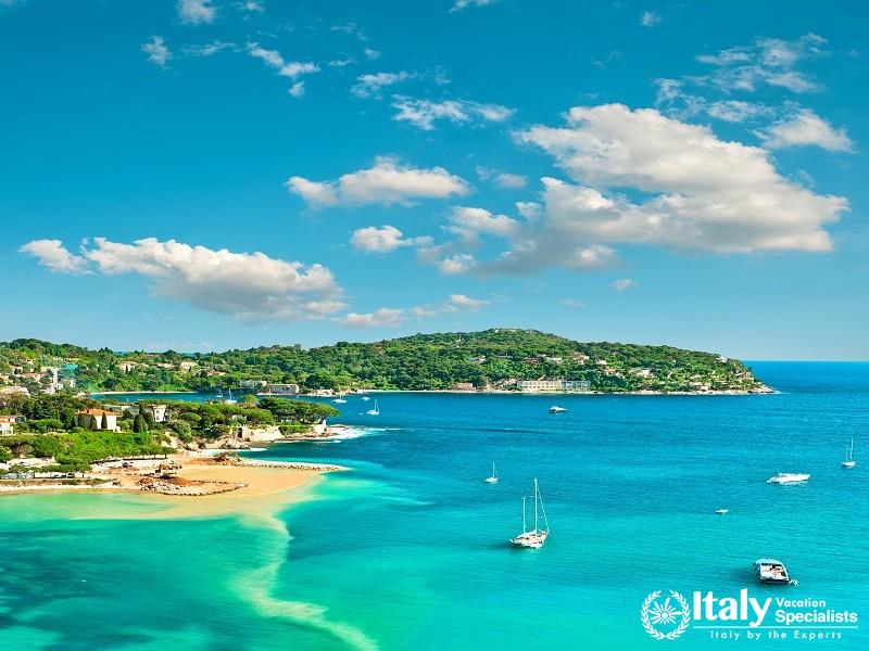 Turquoise Mediterranean Sea and Cloudy Blue Sky. Villefranche in Nice, French Riviera