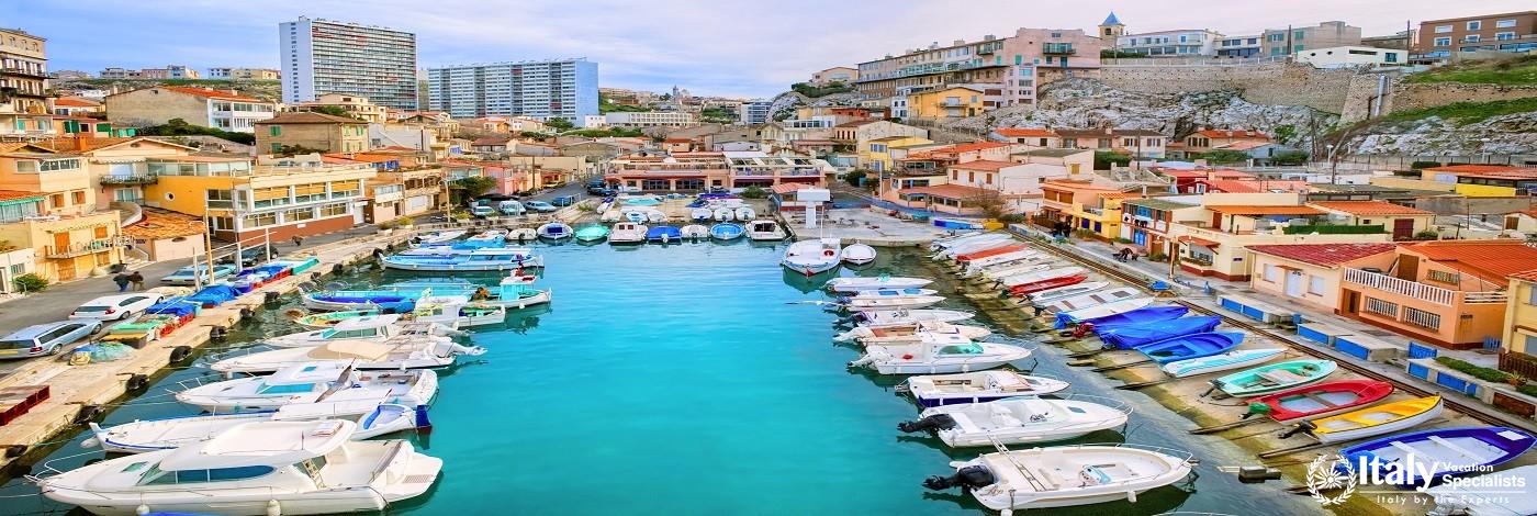 Colorful Yacht Harbour in Old City of Marseilles, France