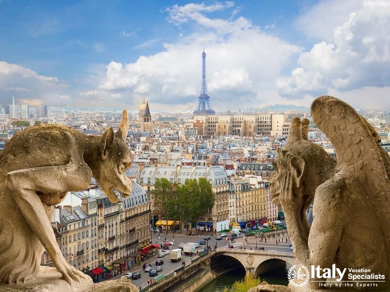 Gargoyle on Notre Dame Cathedral and City of Paris, France