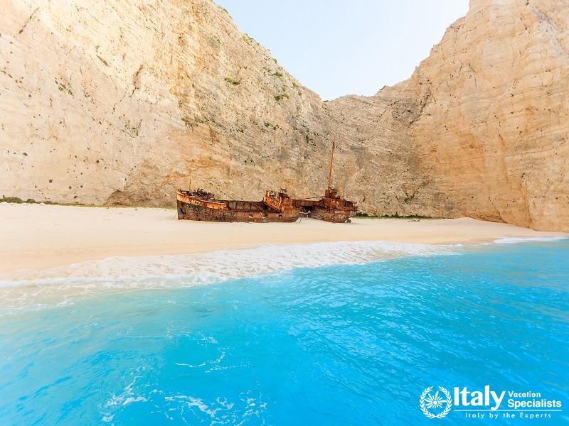 Landscape of the Beautiful Beach with Shipwreck in the Island of Zante in Greece