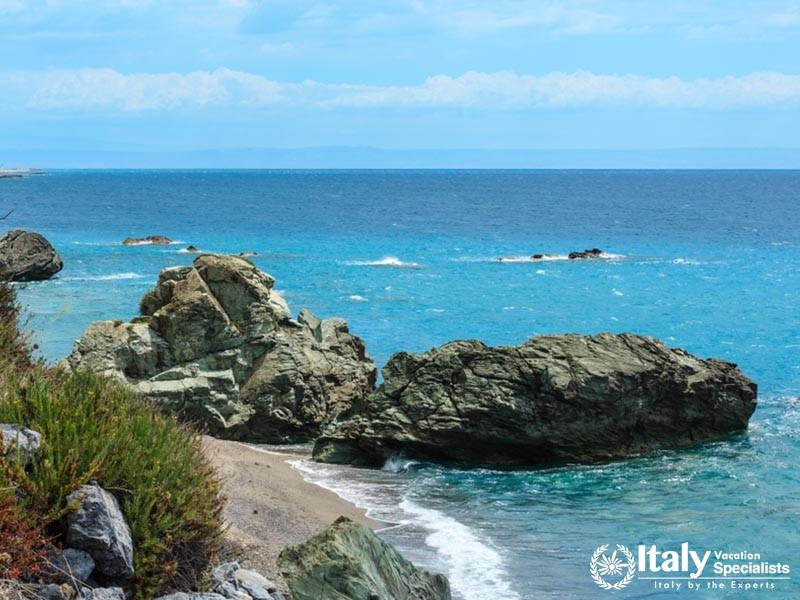 Beautiful Calabrian Tyrrhenian sea coastline landscape. Coreca Beach, Amantea, Calabria, Italy.