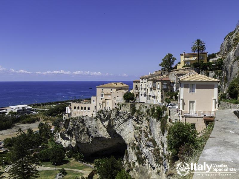 panorama of old Amanteas, top view with coast and sea, italy