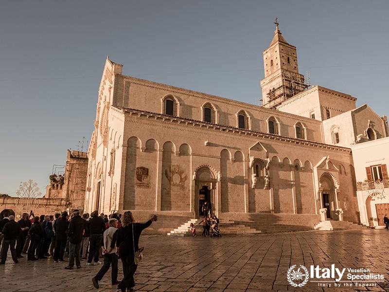 MATERA, ITALY - SEPTEMBER 30, 2018 Cathedral church on Piazza Duomo in historical centre Sasso Caveo