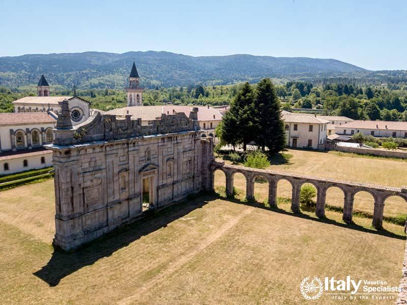 Aerial view of the Certosa di Serra San Bruno, Certosino monastery, Vibo Valentia, Calabria, Italy