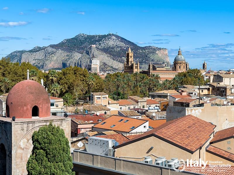 Top view of Palermo cityscape with San Giovanni Eremiti domes, Sicily, Italy.
