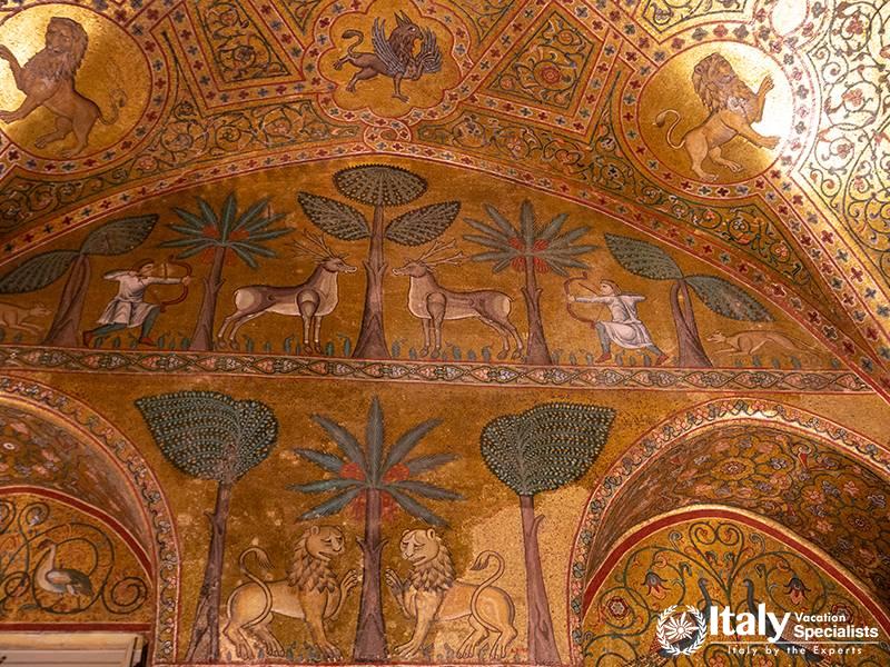Famous Byzantine Mosaics in Palatine Chapel. Norman Palace of Kings interior in the historical city 