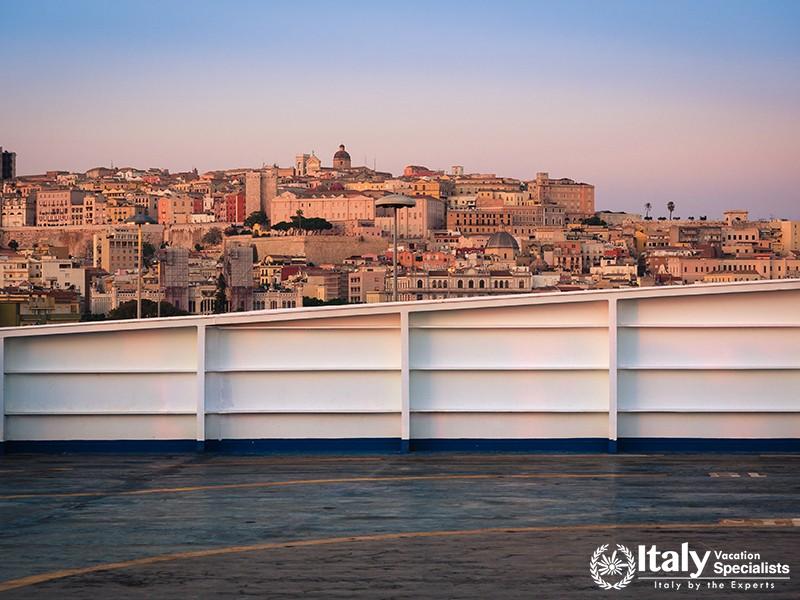 Cagliari seen from the deck of a ship moored in the harbor.