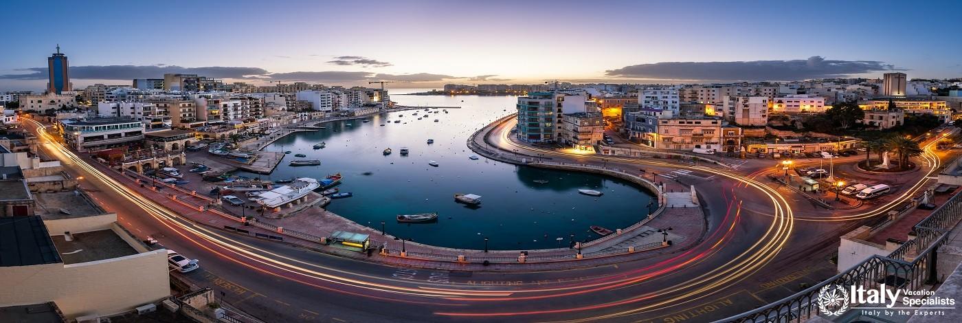 Aerial View on Saint Julien and Spinola Bay at Dawn, Malta