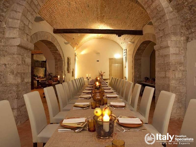 An enchanting dining hall under arched ceilings and ambient lighting, perfect for memorable meals.