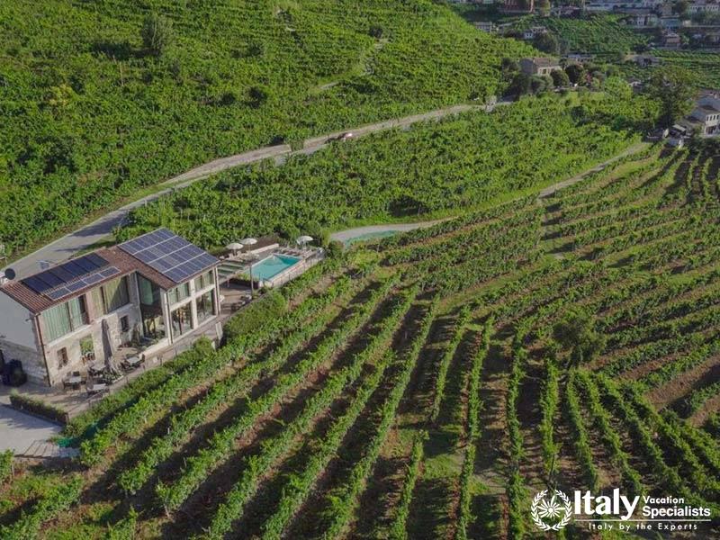 Aerial View of Agriturismo Due Carpini Surrounded by Vineyards in Valdobbiadene, Italy