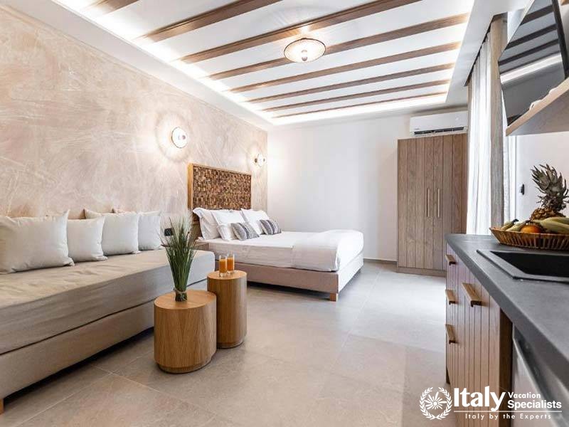 A cozy lounge space inside Perla Hotel in Naxos, Greece