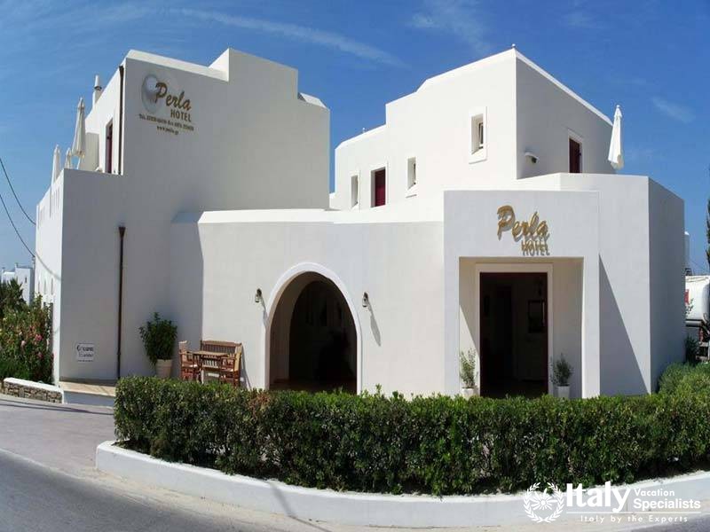 Front view of Perla Hotel in Naxos, Greece