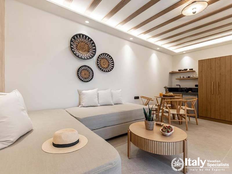 Stylish and spacious living area in Perla Hotel in Naxos, Greece
