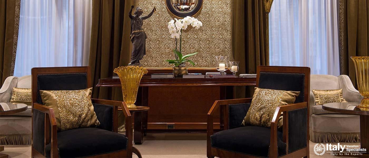 Hotel Concordia sitting area with dim lights.