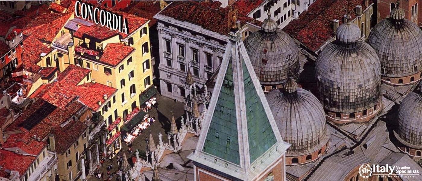 Panaromic view from above of Hotel Concordia Venice. 