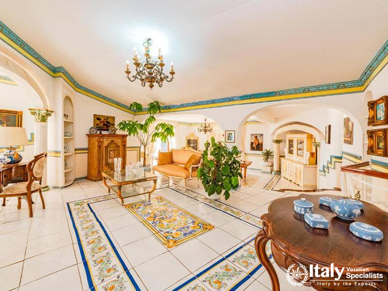 Living Room with Classic Decor and Ocean View in Villa Bellissima Vista Mare in Campania, Italy