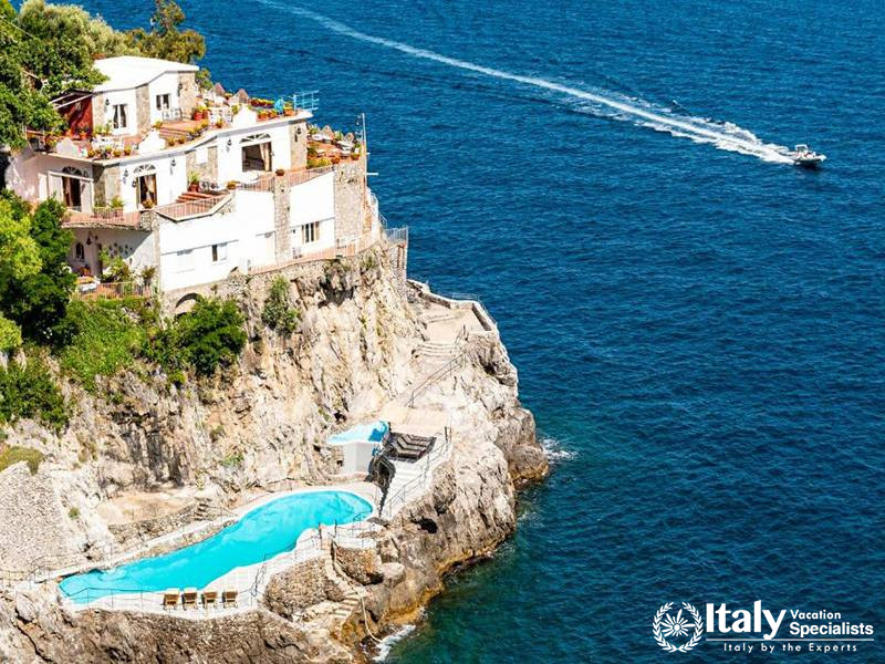 Aerial View of Villa with Pool by the Sea in Villa Bellissima Vista Mare in Campania, Italy