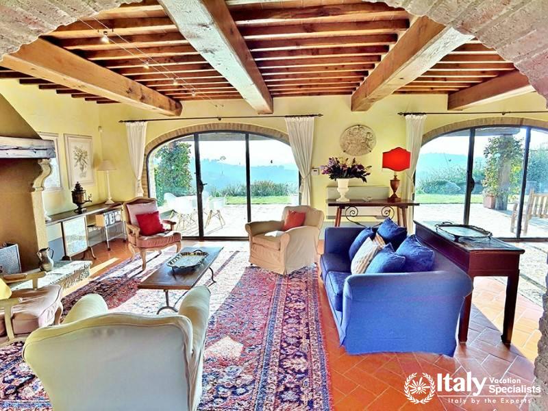 Bright living room with panoramic views near Florence, Italy.