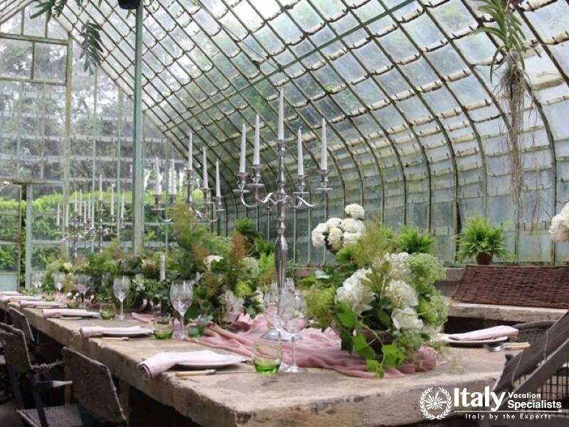 Greenhouse dining setting with lush greenery and vintage decor.