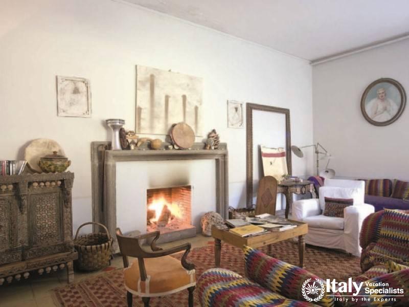 Warm and inviting living room with a fireplace and eclectic decor.