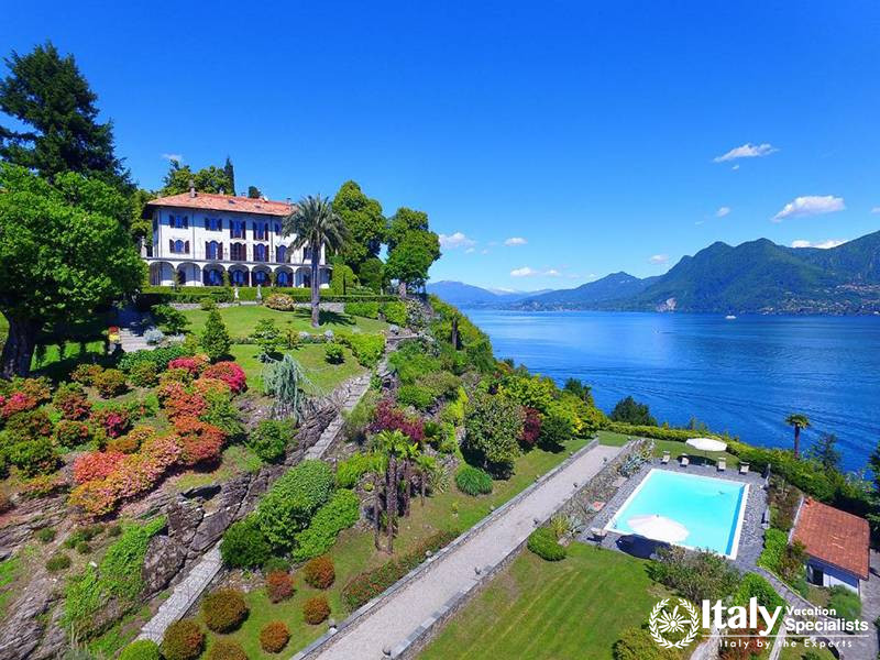 An Aerial View with Swimming Pool and Scenic Landscape in Villa Verbania in Lake Maggiore, Italy
