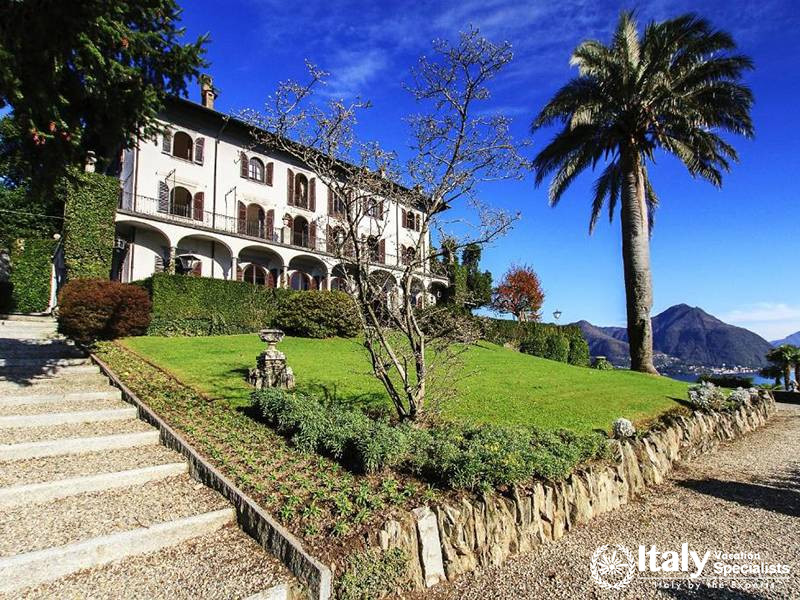 A Serene View of the Villa and Lake from Above in Villa Verbania in Lake Maggiore, Italy