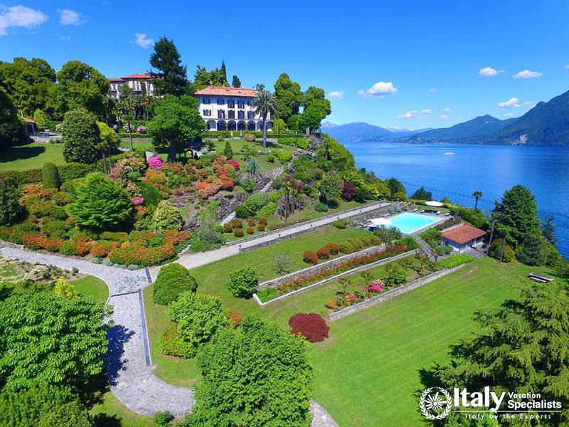 The Magnificent View of the Villa, Gardens, and Lake in Villa Verbania in Lake Maggiore, Italy