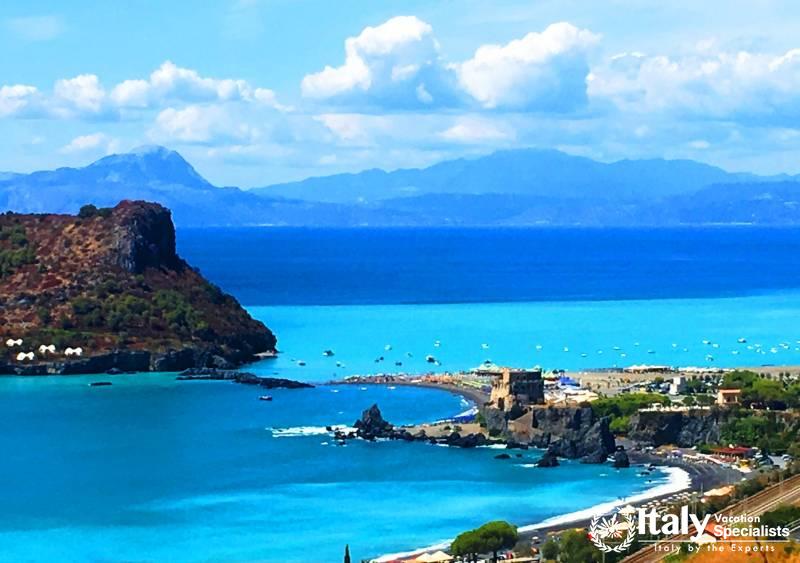 View over Praia a Mare and the Gulf of Polycastro south of Cilento national park 