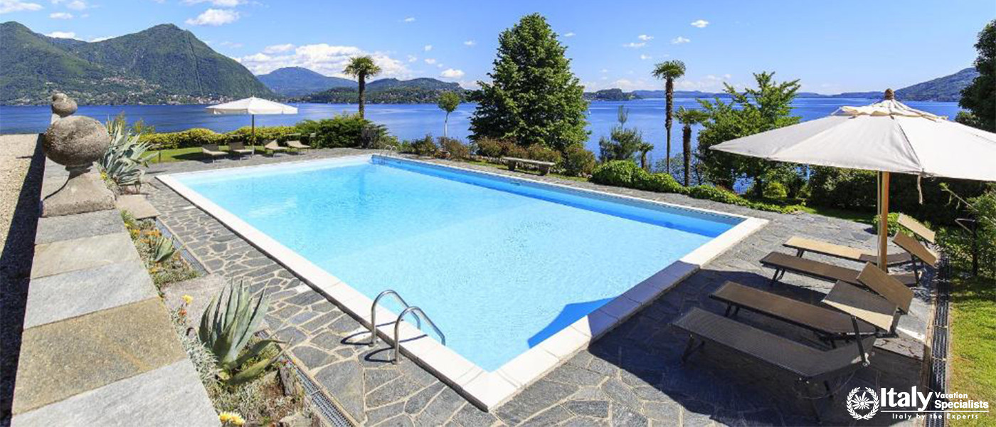 The Swimming Pool Overlooking the Serene Lake in Villa Verbania in Lake Maggiore, Italy