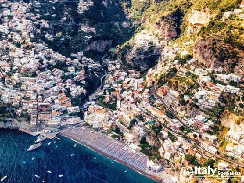 Aerial view of the bustling and picturesque town of Positano.