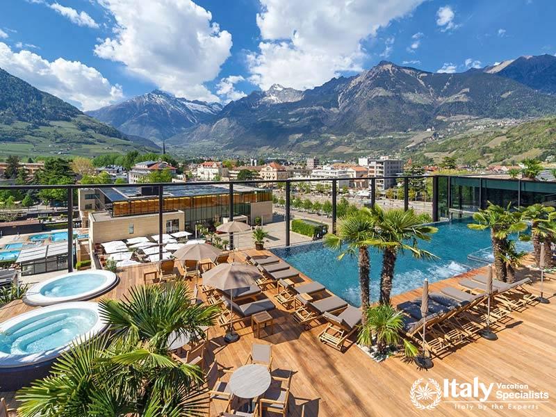 A famous thermal spa in the Alpine town of Merano, offering relaxation amid the holiday festivities 