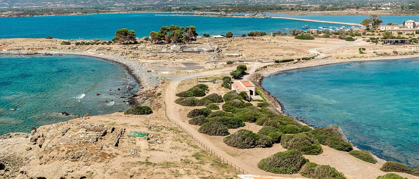Panoramic view on ancient Roman site of Nora. Pula, Cagliari, Sardinia, Italy