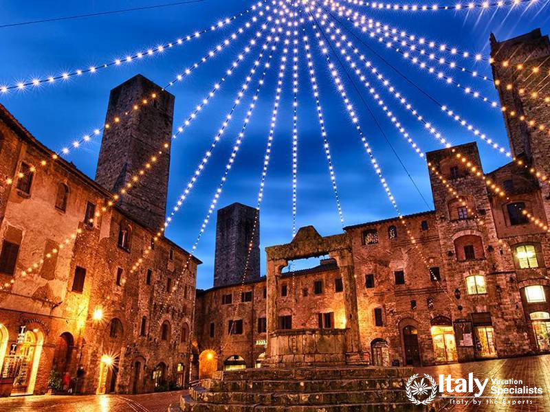 A view of Florence’s historic square lit up at night
