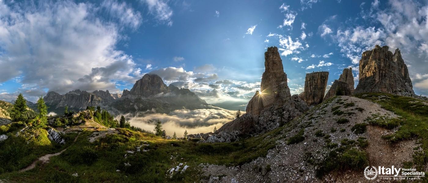 Experience Cinque Torri and Dolomites at sunset with golden views.