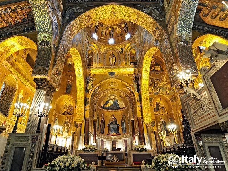 June 24, 2013. Golden mosaic in La Martorana church in Palermo Italy.