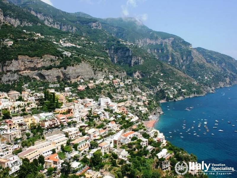 View from drone of Positano, the Amalfi Coast, Italy