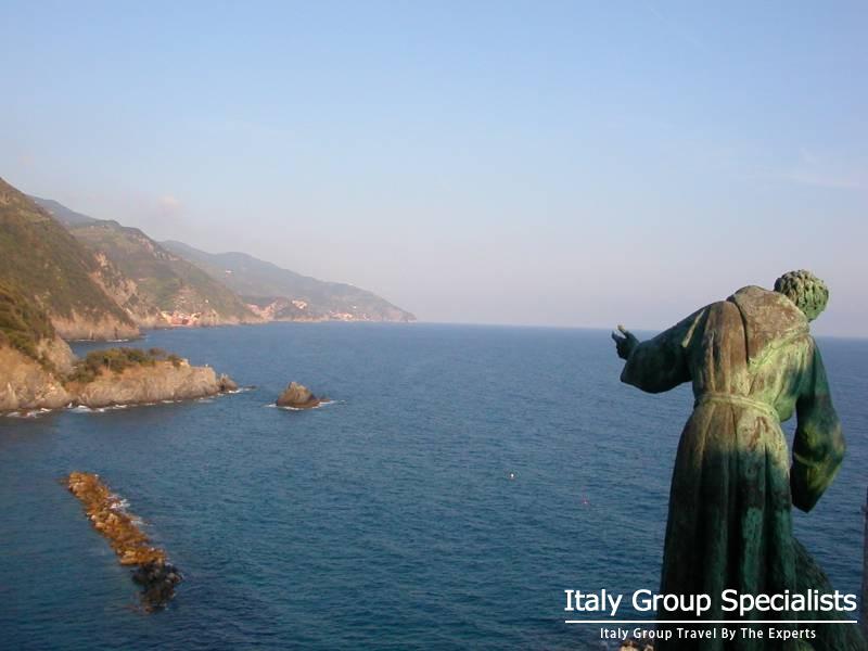 View towards the coast and statue of San Francesco DAssisi at Monterosso 