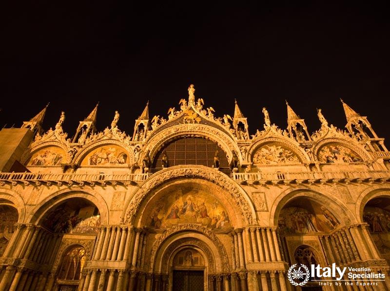 Basilica di San Marco illuminated at night on Piazza San Marco